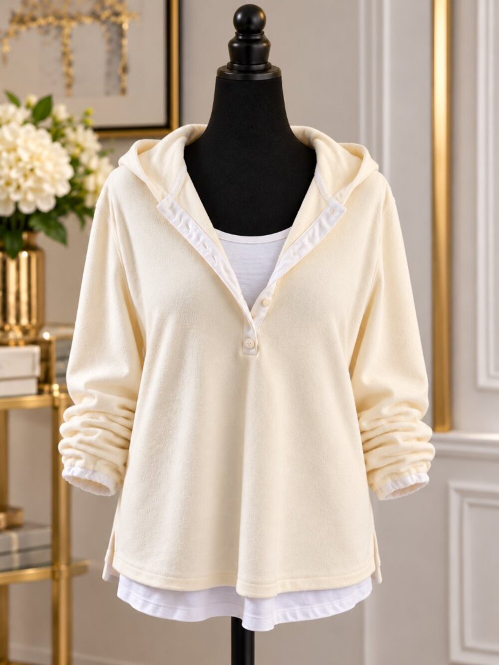 SONOMA Women's Layered Hooded V-Neck Pullover Top Cream & White Knit  ✨Size: XL✨